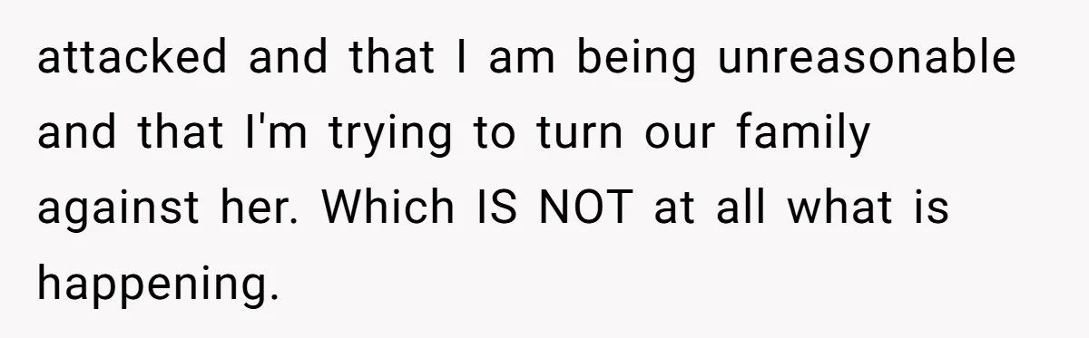 attacked and that I am being unreasonable and that I'm trying to turn our family against her. Which IS NOT at all what is happening.