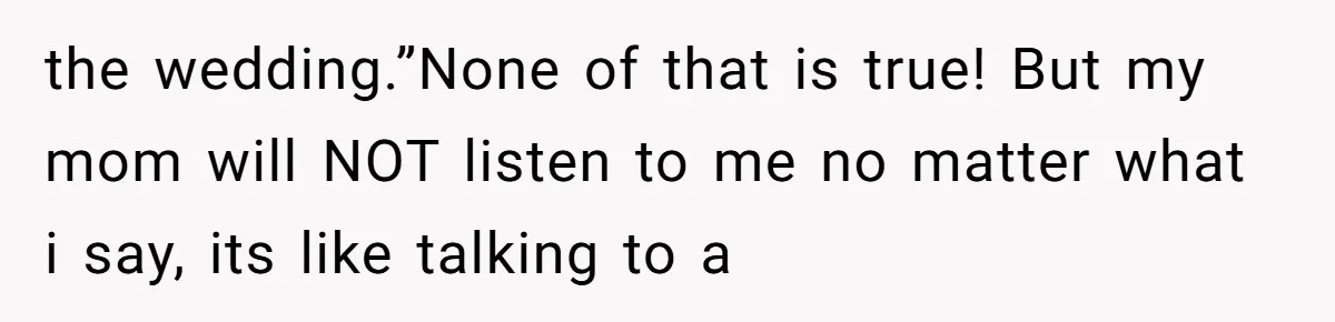 the wedding.”None of that is true! But my mom will NOT listen to me no matter what i say, its like talking to a