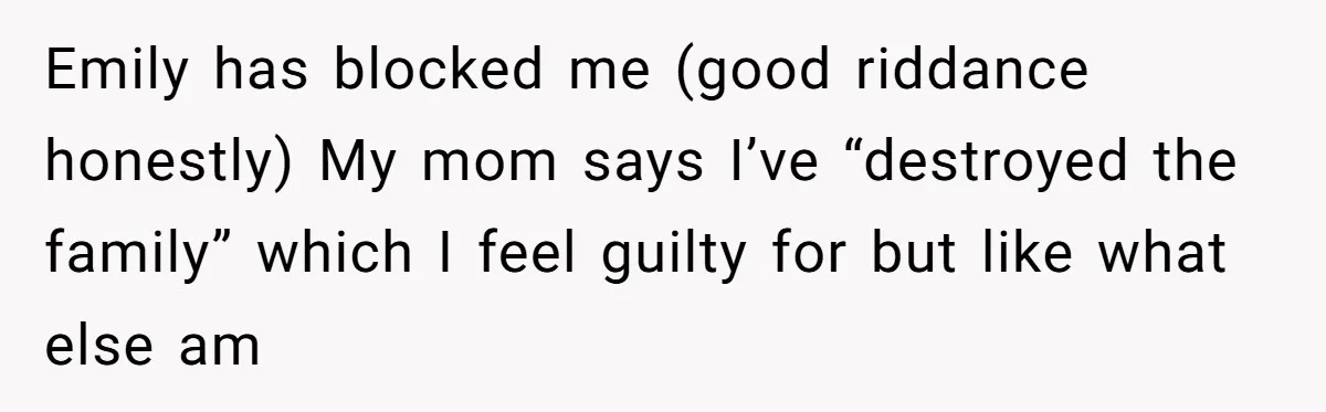 Emily has blocked me (good riddance honestly) My mom says I’ve “destroyed the family” which I feel guilty for but like what else am