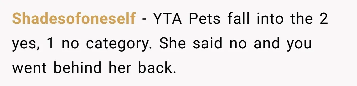 Shadesofoneself − YTA Pets fall into the 2 yes, 1 no category. She said no and you went behind her back.