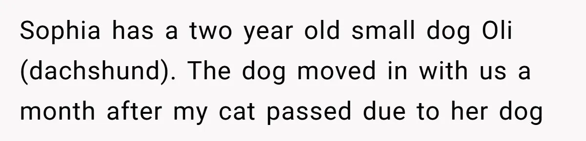 Sophia has a two year old small dog Oli (dachshund). The dog moved in with us a month after my cat passed due to her dog