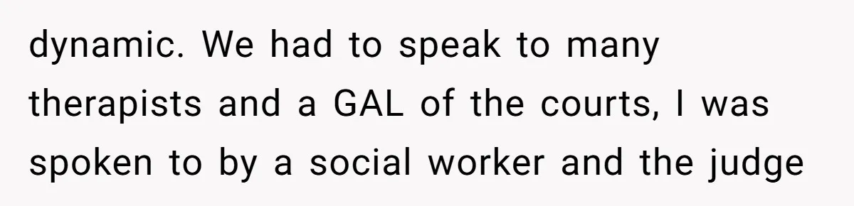 dynamic. We had to speak to many therapists and a GAL of the courts, I was spoken to by a social worker and the judge