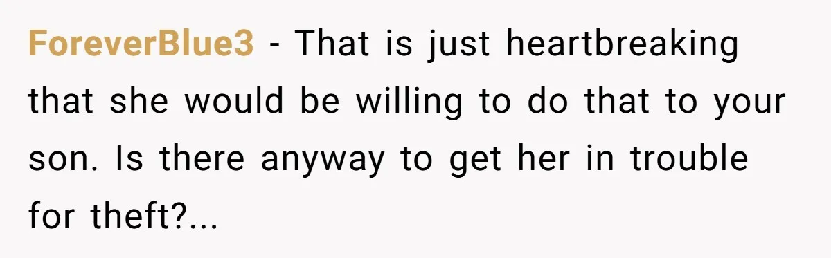ForeverBlue3 − That is just heartbreaking that she would be willing to do that to your son. Is there anyway to get her in trouble for theft?...