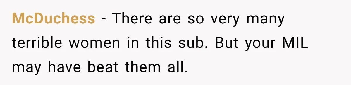 McDuchess − There are so very many terrible women in this sub. But your MIL may have beat them all.