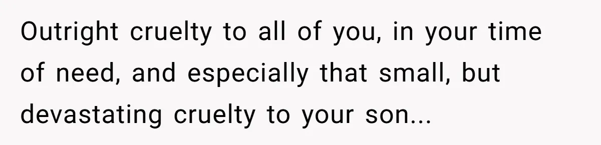 Outright cruelty to all of you, in your time of need, and especially that small, but devastating cruelty to your son...
