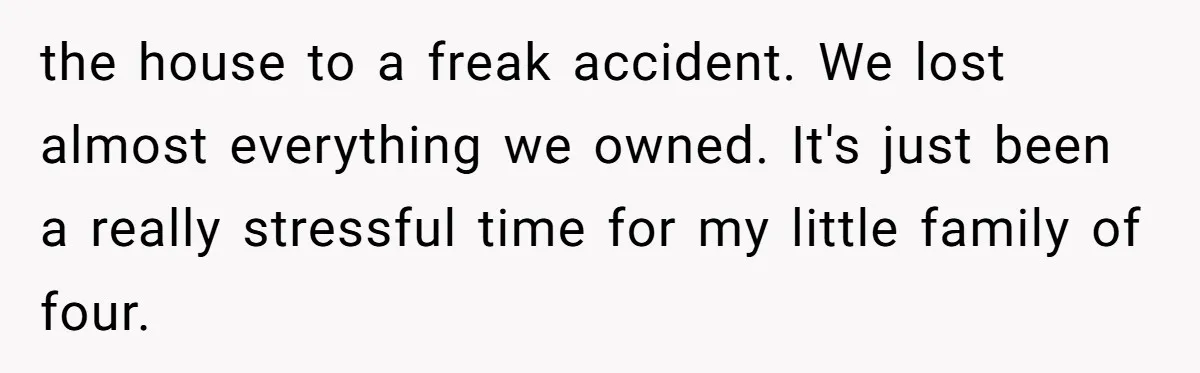 the house to a freak accident. We lost almost everything we owned. It's just been a really stressful time for my little family of four.