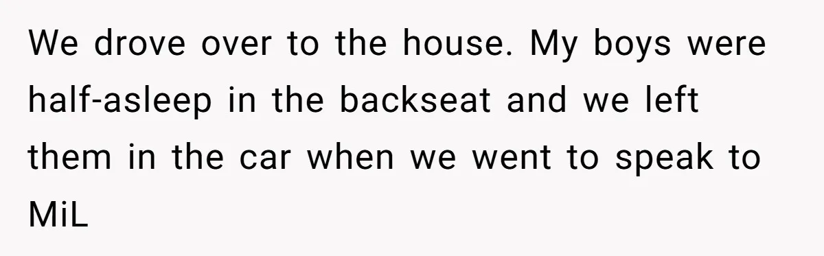 We drove over to the house. My boys were half-asleep in the backseat and we left them in the car when we went to speak to MiL