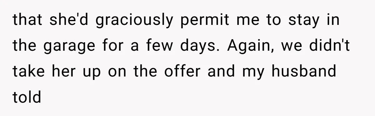 that she'd graciously permit me to stay in the garage for a few days. Again, we didn't take her up on the offer and my husband told