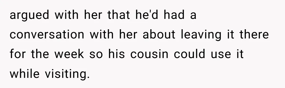 argued with her that he'd had a conversation with her about leaving it there for the week so his cousin could use it while visiting.