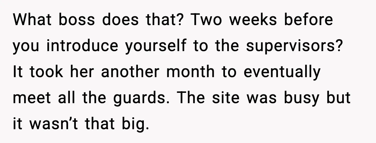 What boss does that? Two weeks before you introduce yourself to the supervisors? It took her another month to eventually meet all the guards. The site was busy but it...