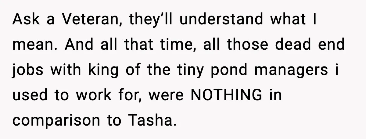 Ask a Veteran, they’ll understand what I mean. And all that time, all those dead end jobs with king of the tiny pond managers i used to work for, were...