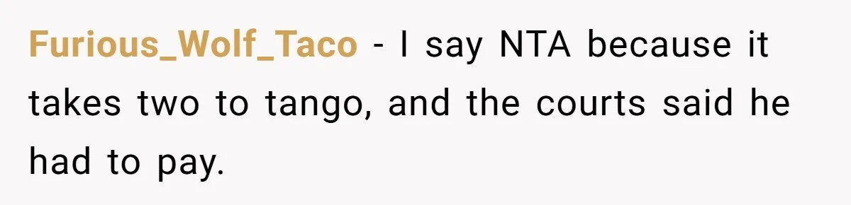 Furious_Wolf_Taco − I say NTA because it takes two to tango, and the courts said he had to pay.