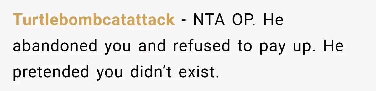 Turtlebombcatattack − NTA OP. He abandoned you and refused to pay up. He pretended you didn’t exist.