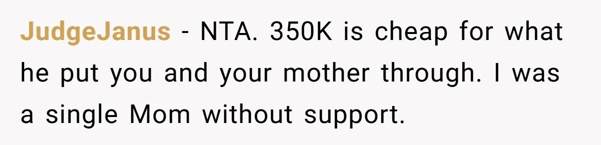 JudgeJanus − NTA. 350K is cheap for what he put you and your mother through. I was a single Mom without support.