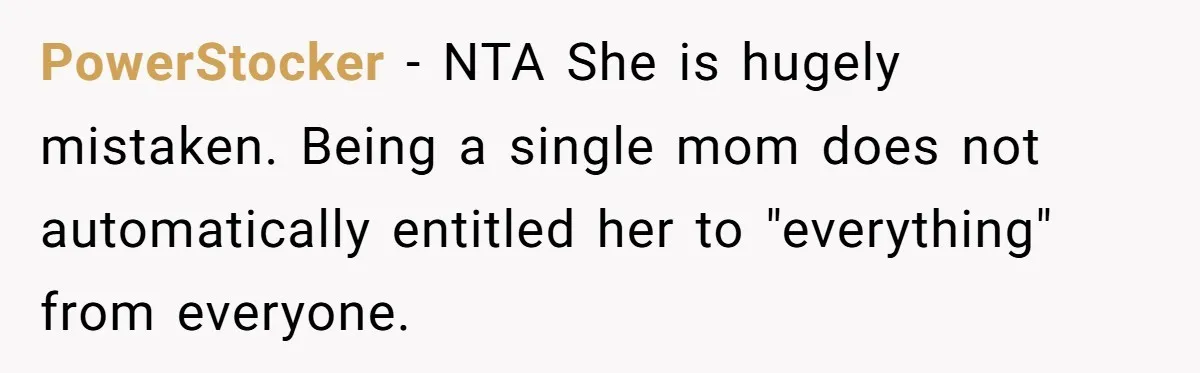 PowerStocker − NTA She is hugely mistaken. Being a single mom does not automatically entitled her to "everything" from everyone.