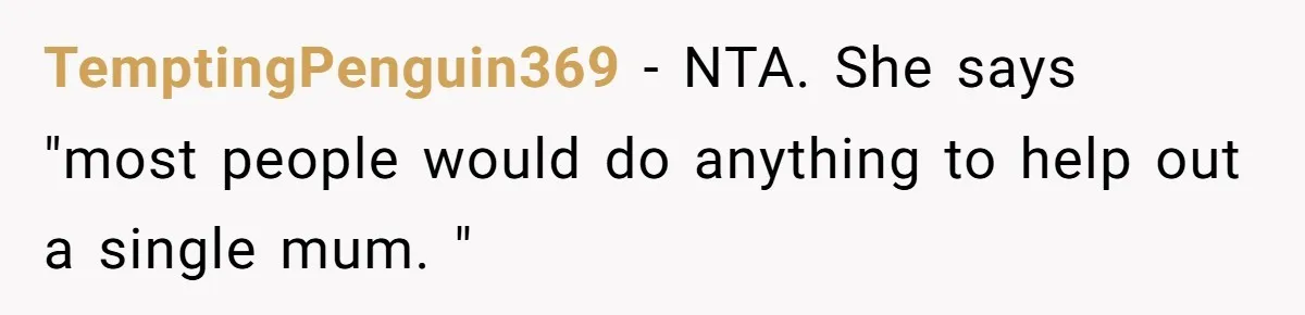 TemptingPenguin369 − NTA. She says "most people would do anything to help out a single mum. "