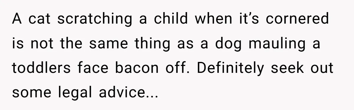 A cat scratching a child when it’s cornered is not the same thing as a dog mauling a toddlers face bacon off. Definitely seek out some legal advice...