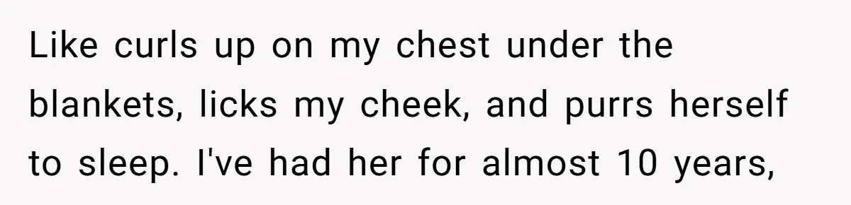 Like curls up on my chest under the blankets, licks my cheek, and purrs herself to sleep. I've had her for almost 10 years,