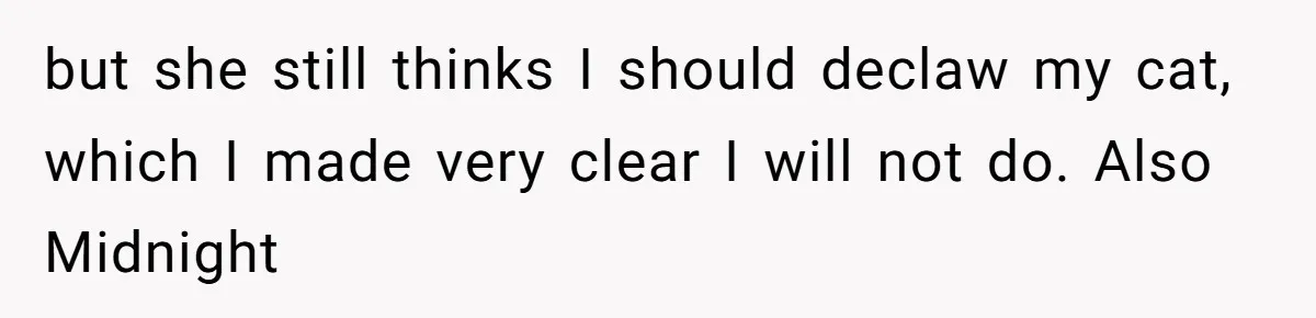 but she still thinks I should declaw my cat, which I made very clear I will not do. Also Midnight