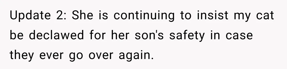 Update 2: She is continuing to insist my cat be declawed for her son's safety in case they ever go over again.