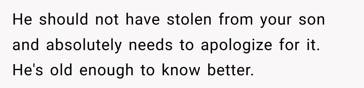 He should not have stolen from your son and absolutely needs to apologize for it. He's old enough to know better.