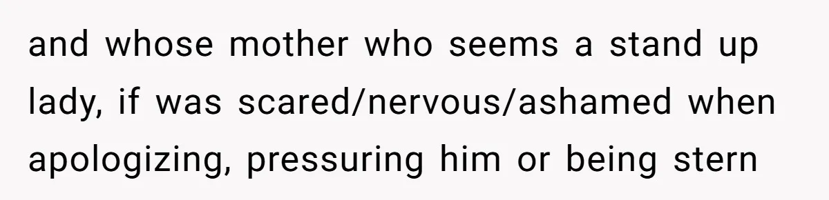 and whose mother who seems a stand up lady, if was scared/nervous/ashamed when apologizing, pressuring him or being stern