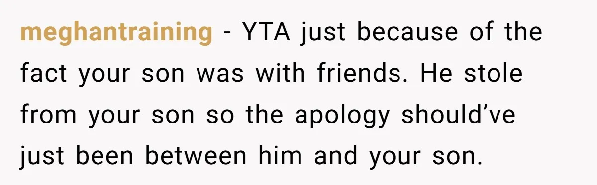 meghantraining - YTA just because of the fact your son was with friends. He stole from your son so the apology should’ve just been between him and your son.
