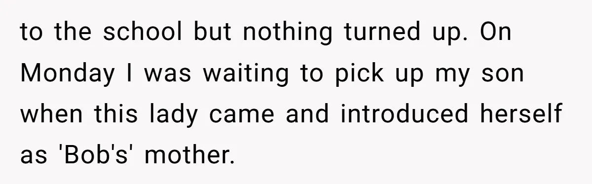 to the school but nothing turned up. On Monday I was waiting to pick up my son when this lady came and introduced herself as 'Bob's' mother.