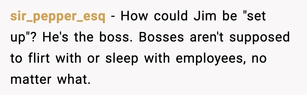 sir_pepper_esq - How could Jim be "set up"? He's the boss. Bosses aren't supposed to flirt with or sleep with employees, no matter what.