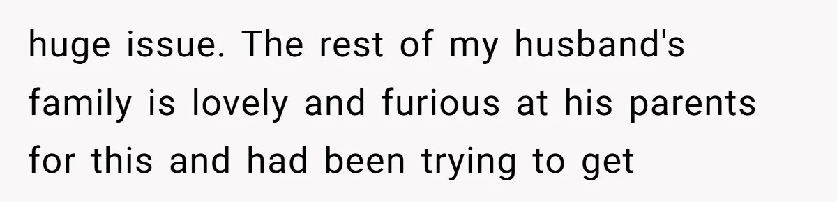 huge issue. The rest of my husband's family is lovely and furious at his parents for this and had been trying to get
