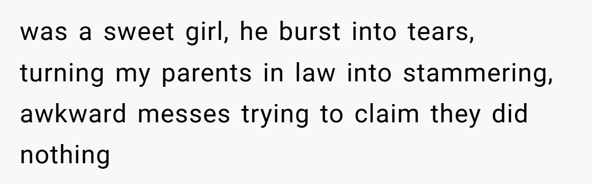 was a sweet girl, he burst into tears, turning my parents in law into stammering, awkward messes trying to claim they did nothing