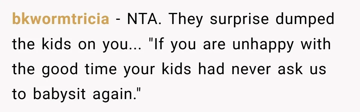 bkwormtricia − NTA. They surprise dumped the kids on you... "If you are unhappy with the good time your kids had never ask us to babysit again."