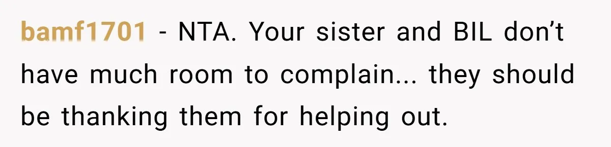 bamf1701 − NTA. Your sister and BIL don’t have much room to complain... they should be thanking them for helping out.