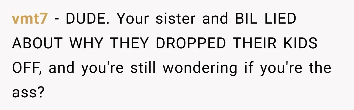 vmt7 − DUDE. Your sister and BIL LIED ABOUT WHY THEY DROPPED THEIR KIDS OFF, and you're still wondering if you're the ass?