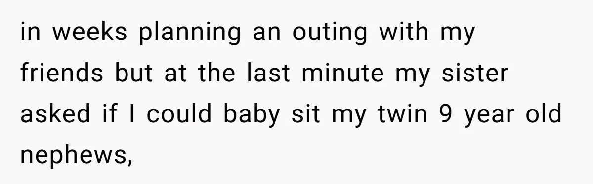in weeks planning an outing with my friends but at the last minute my sister asked if I could baby sit my twin 9 year old nephews,