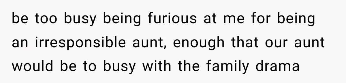 be too busy being furious at me for being an irresponsible aunt, enough that our aunt would be to busy with the family drama