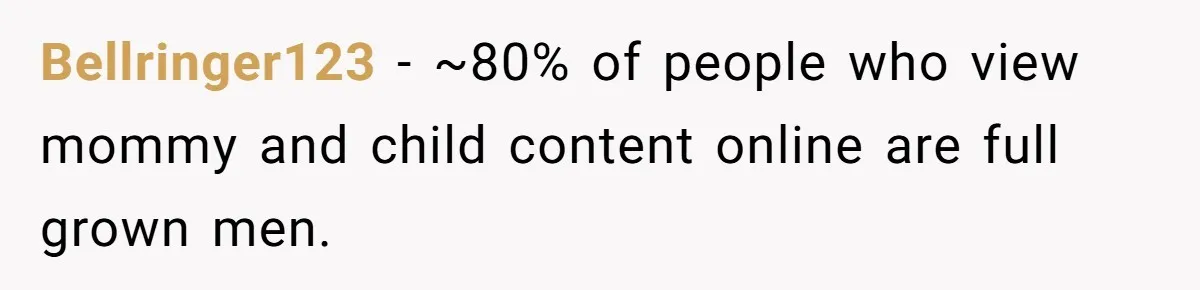 Bellringer123 − ~80% of people who view mommy and child content online are full grown men.