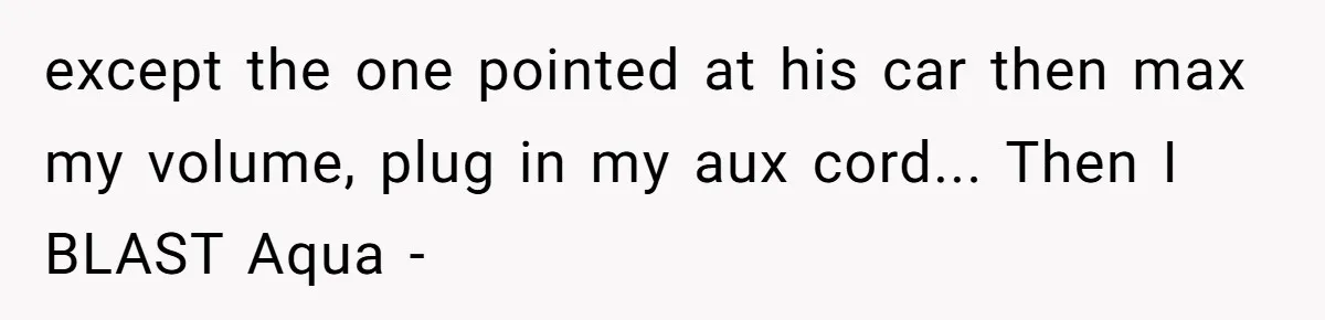 except the one pointed at his car then max my volume, plug in my aux cord... Then I BLAST Aqua -