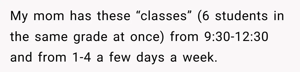 My mom has these “classes” (6 students in the same grade at once) from 9:30-12:30 and from 1-4 a few days a week.