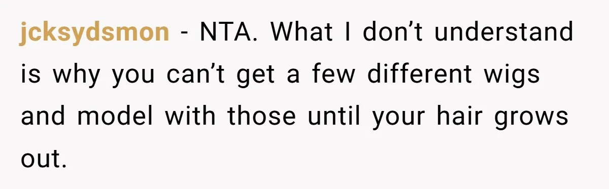jcksydsmon − NTA. What I don’t understand is why you can’t get a few different wigs and model with those until your hair grows out.