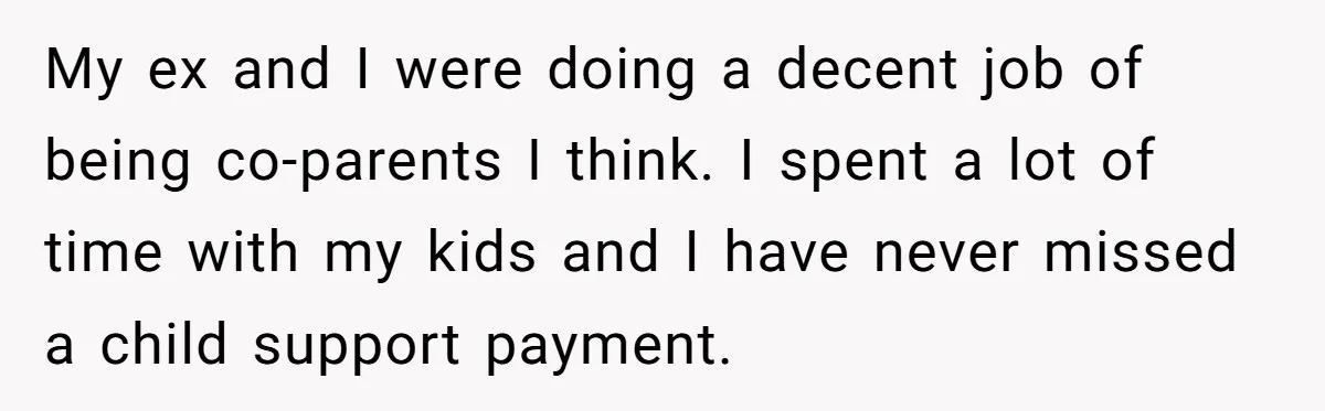 My ex and I were doing a decent job of being co-parents I think. I spent a lot of time with my kids and I have never missed a child...