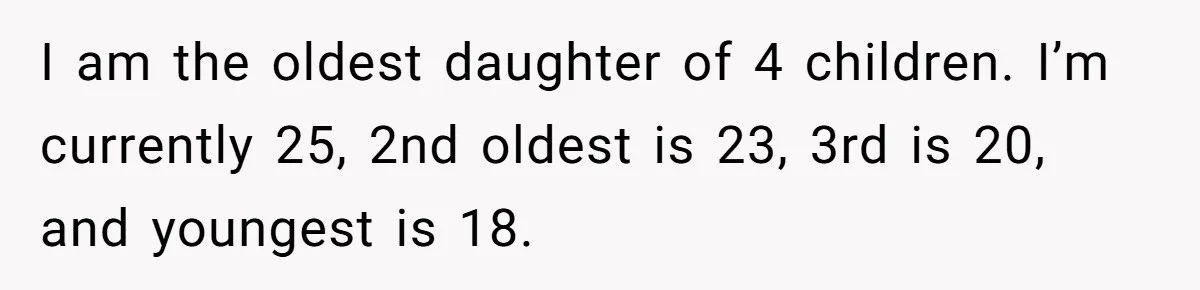 I am the oldest daughter of 4 children. I’m currently 25, 2nd oldest is 23, 3rd is 20, and youngest is 18.