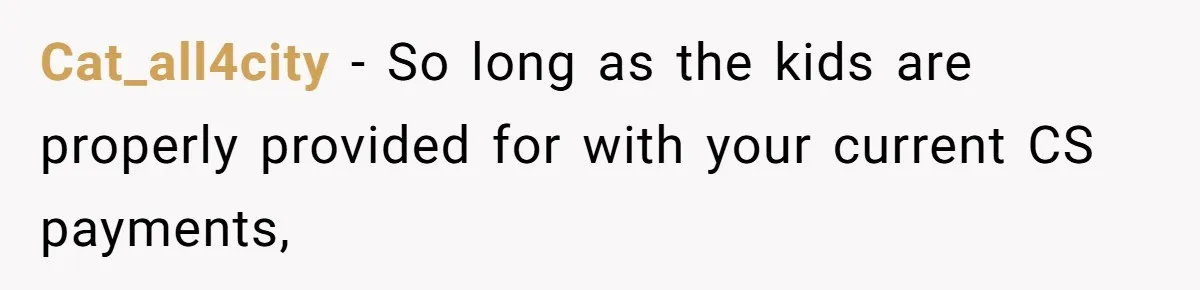 Cat_all4city − So long as the kids are properly provided for with your current CS payments,