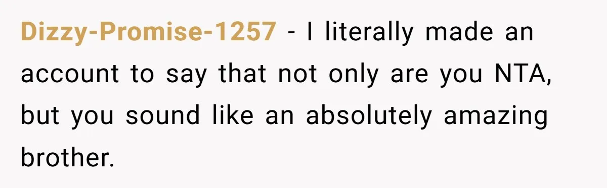 Dizzy-Promise-1257 − I literally made an account to say that not only are you NTA, but you sound like an absolutely amazing brother.