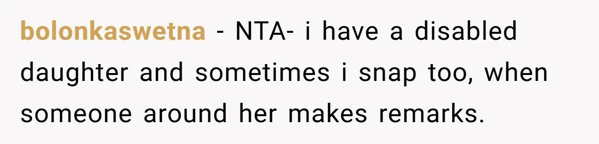 bolonkaswetna − NTA- i have a disabled daughter and sometimes i snap too, when someone around her makes remarks.