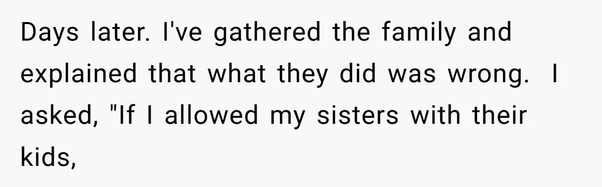 Days later. I've gathered the family and explained that what they did was wrong.  I asked, "If I allowed my sisters with their kids,