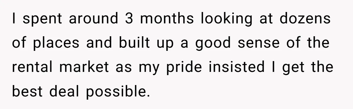 I spent around 3 months looking at dozens of places and built up a good sense of the rental market as my pride insisted I get the best deal possible.