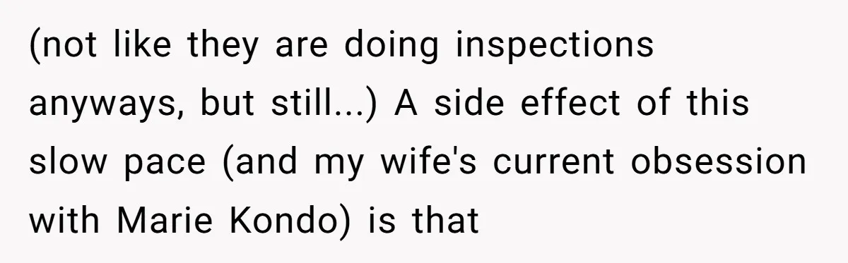 (not like they are doing inspections anyways, but still...) A side effect of this slow pace (and my wife's current obsession with Marie Kondo) is that
