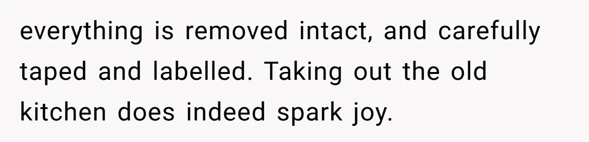 everything is removed intact, and carefully taped and labelled. Taking out the old kitchen does indeed spark joy.