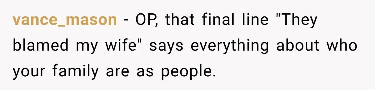 vance_mason − OP, that final line "They blamed my wife" says everything about who your family are as people.